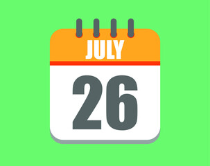 July day 26. Calendar icon for july. Vector illustration in orange and white on green background.