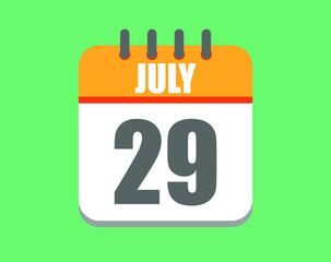 July day 29. Calendar icon for july. Vector illustration in orange and white on green background.