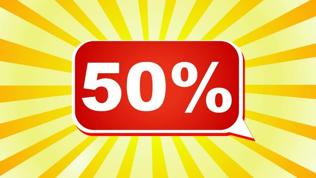50%, fifty percent discount off red rectangle.