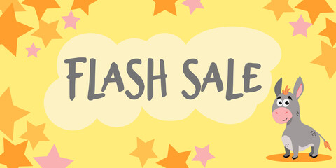 Flash sale banner. Bright banner with a cute donkey. Vector illustration in flat style.