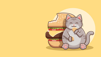 Cute smiling plump gray cat with Hamburger on a yellow background