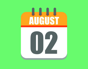 August day 2. Calendar icon for August. Vector illustration in orange and white on green background.