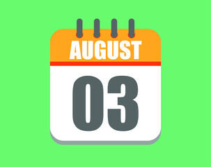 August day 3. Calendar icon for August. Vector illustration in orange and white on green background.