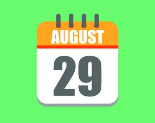 August day 29. Calendar icon for August. Vector illustration in orange and white on green background.