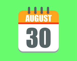 August day 30. Calendar icon for August. Vector illustration in orange and white on green background.