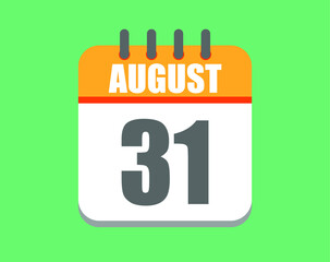 August day 31. Calendar icon for August. Vector illustration in orange and white on green background.