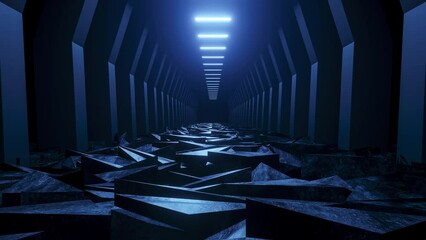 Futuristic flight over the concrete ruins illuminated by blue lamps, technology Sci-Fi neon design, conceptual cosmic tomorrow aesthetic style, abstract space background, 4k looping video, 3d render - Powered by Adobe