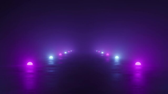 Futuristic flight over the runway in smoke illuminated by blue and purple neon lamps, abstract cosmic design, arcade style, technology Sci-Fi design, space background, 4k looping video, 3d rendering