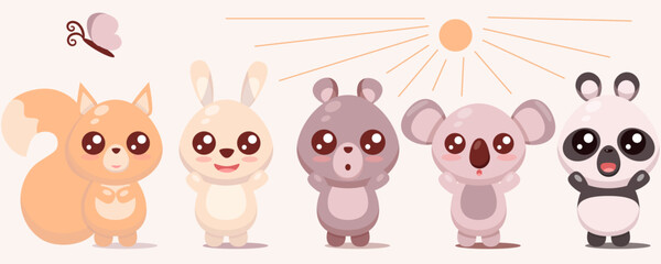 Set of cartoon animals in Japanese kawaii style