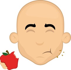 Vector illustration of the face of a bald man cartoon eating an apple