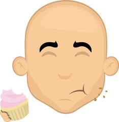 Vector illustration of the face of a cartoon bald man eating a cupcake or muffin