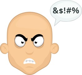 Vector illustration of the face of a bald man cartoon with an angry expression and a dialogue bubble with insulting text