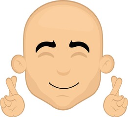 Vector illustration of the face of a cartoon bald man with a happy expression and crossing his fingers

