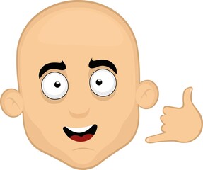 Vector illustration of the face of a cartoon bald man with a gesture with his hand of call me by phone or shake