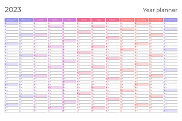 2023 year calendar.  Planner template with vertical columns. Vector business organizer.