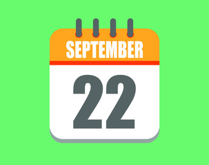September day 22. Calendar icon for September. Vector illustration in orange and white on green background.