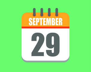 September day 29. Calendar icon for September. Vector illustration in orange and white on green background.