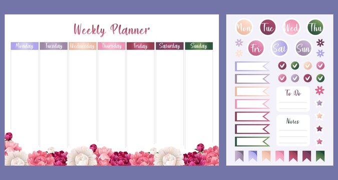 Modern vector collection of daily weekly monthly planner printable template with colorful elements. Weekly planner decorated with peonies and color stickers templates. Blank white notebook page A4