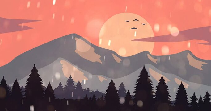 animated beautiful mountains painting with trees and birds flying