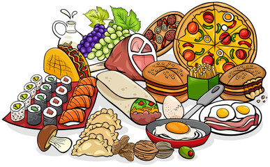 food objects and dishes group cartoon illustration