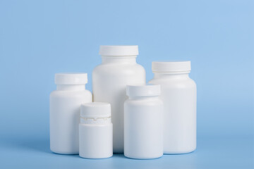 Different sizes of blank white plastic bottles of medicine pills or supplements on blue background