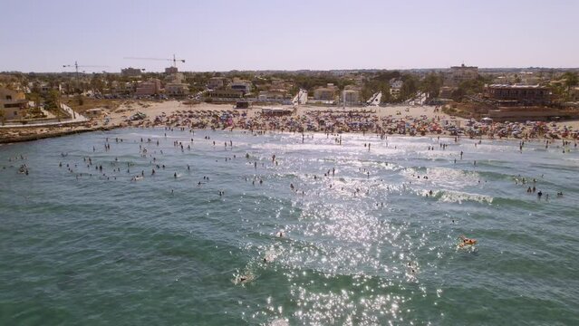 Aerial view of La Zenia, Orihuela during sunny summer day. Costa Blanca. Spain. Travel and tourism concept. Cinematic 4K