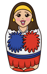 Cute Matryoshka doll as Russian cheerleader in cartoon style, Vector illustration