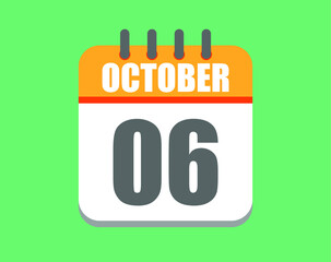 October day 6. Calendar icon for October. Vector illustration in orange and white on green background.