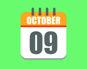 October day 9. Calendar icon for October. Vector illustration in orange and white on green background.