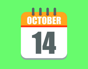 October day 14. Calendar icon for October. Vector illustration in orange and white on green background.