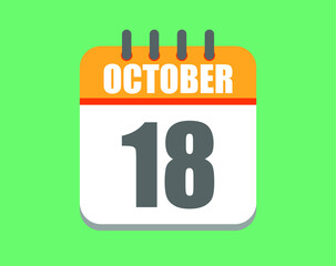 October day 18. Calendar icon for October. Vector illustration in orange and white on green background.