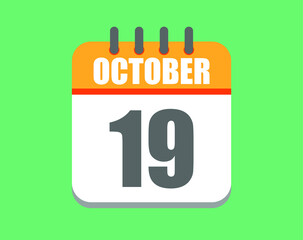 October day 19. Calendar icon for October. Vector illustration in orange and white on green background.