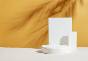 Abstract podium pedestal made white marble colorful bright empty background hard shadows from plant