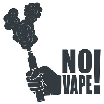 Vector image of a hand with a vape and smoke or vapor coming from the vape. The ban on the use of vaping. Silhouette image in gray tones, the inscription NO VAPE.