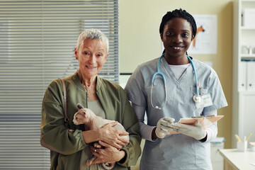 Waist up portrait of young female veterinarian with senior woman holding cat while posing in vet clinic and both smiling at camera