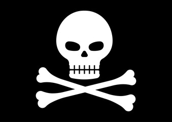 Pirate skull and cross bones vector illustration. Simple silhiuette with skeleton head and crossbones for eye patch, flag, danger symbol isolated on black background.