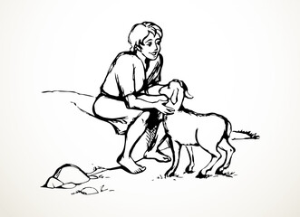 Shepherd with sheep. Vector drawing