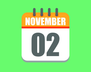 November day 2. Calendar icon for November. Vector illustration in orange and white on green background.