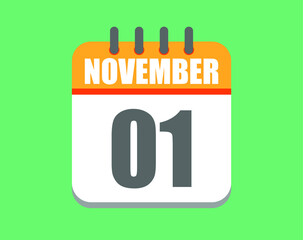 November day 1. Calendar icon for November. Vector illustration in orange and white on green background.