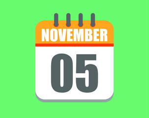 November day 5. Calendar icon for November. Vector illustration in orange and white on green background.