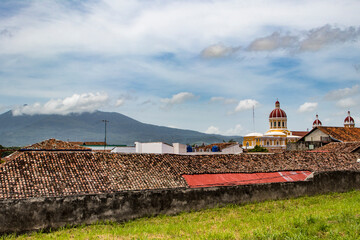 View of Granada Cathedral and Mombacho Volcano in Granada, Nicaragua