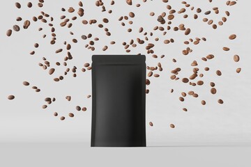 Black coffee bag mockup falling beans matte podium white background 3D render.Merchandise advertising packaging minimal design Blank pouch sachet pack product template Cafe sale delivery demonstration