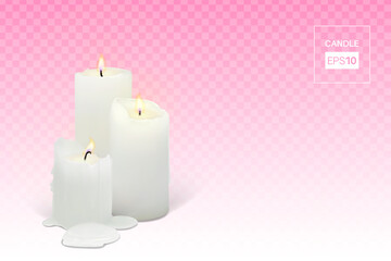 Set of realistic burning white candles on a transparent background. 3d candles with melting wax, flame and halo of light. Vector illustration with mesh gradients. EPS10.