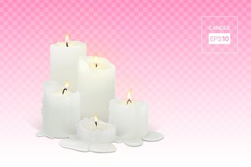 Set of realistic burning white candles on a transparent background. 3d candles with melting wax, flame and halo of light. Vector illustration with mesh gradients. EPS10.