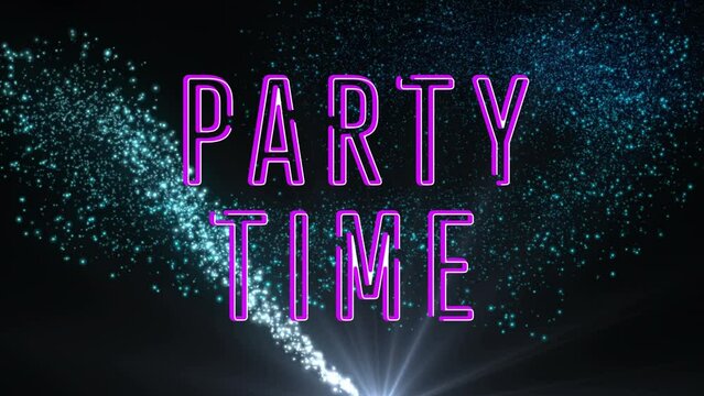 Digital animation of purple neon party time text banner over shooting star against black background