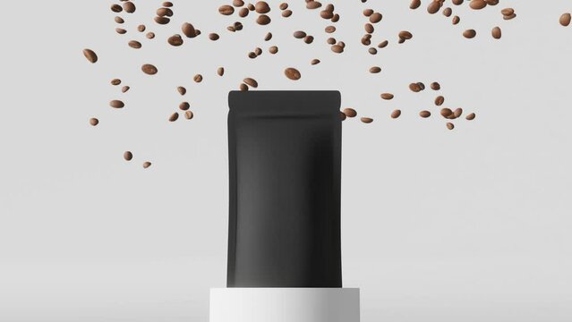 Black pouch bag mockup falling coffee beans matte podium white background 3D animation. Merchandise advertising packaging minimal design Blank sachet product template. Cafe sale delivery demonstration
