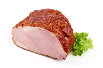 Cold smoked meat with slices, isolated on white background.