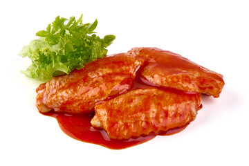 Buffalo Chicken wings in red sauce, isolated on white background.