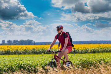 Fototapeta premium cyclist riding a bike in the countryside. sunflower field, active lifestyle. The concept of extreme cycling, free space.