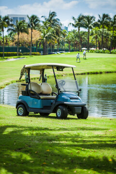 Golf Cart Parked In Front Of Lake, Miami, Florida, USA